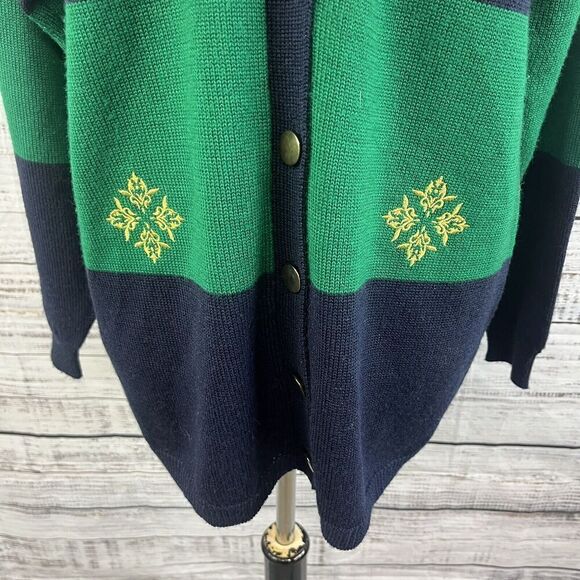 Vintage Koret Cardigan Sweater size Small Green Navy Wool Gold Embroidery Granny - Picture 6 of 11